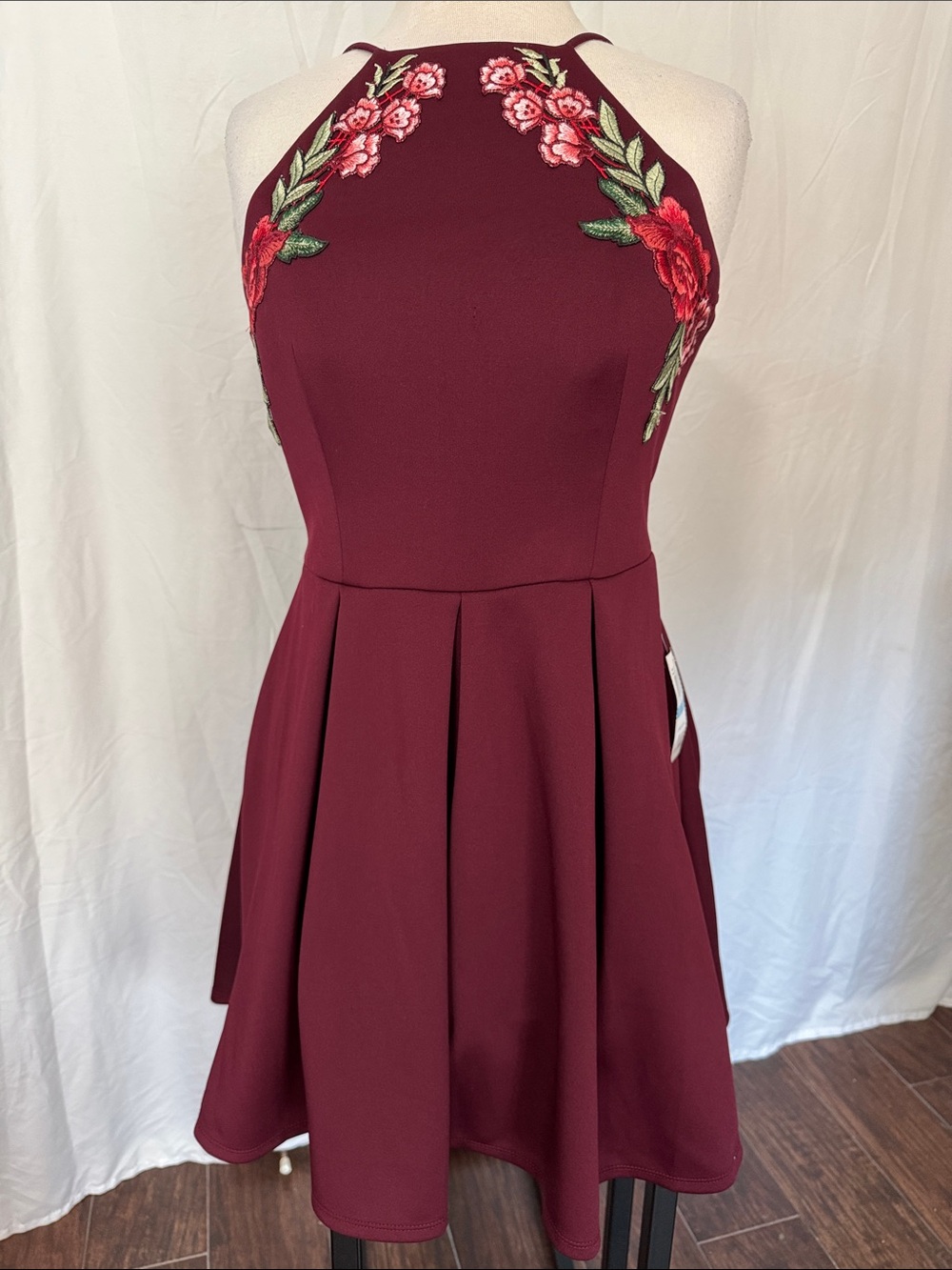 B Darlin Burgundy Halter Skater Dress with Floral Embroidery size 9/10